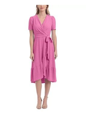 London Times Pink Eyelet Wrap Midi Dress with Tie Waist